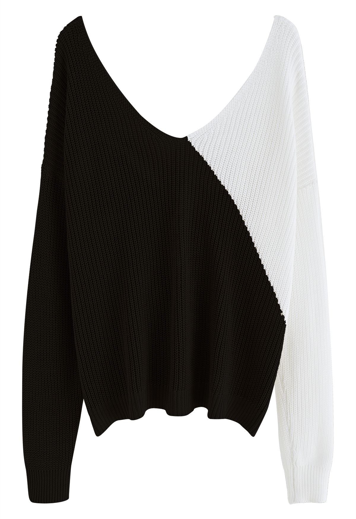 V-Neck Twist Front Two-Tone Sweater in Black