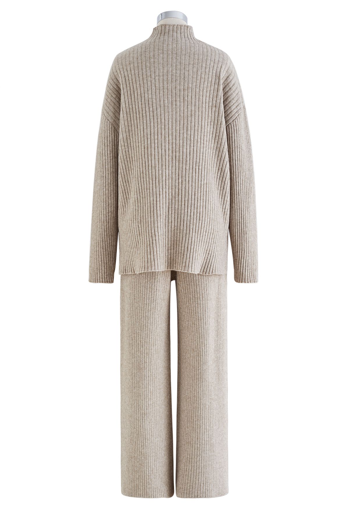 Mock Neck Buttoned Sweater and Straight Leg Knit Pants Set in Oatmeal