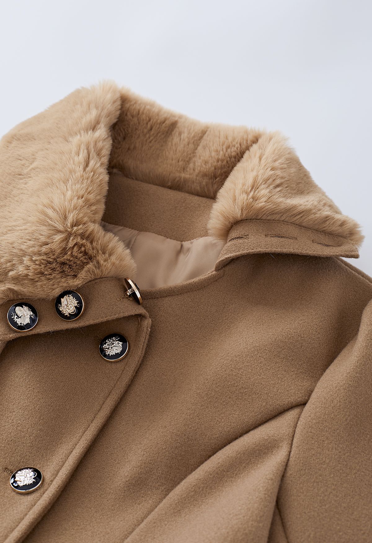 Faux Fur Collar Double-Breasted Skater Coat in Tan