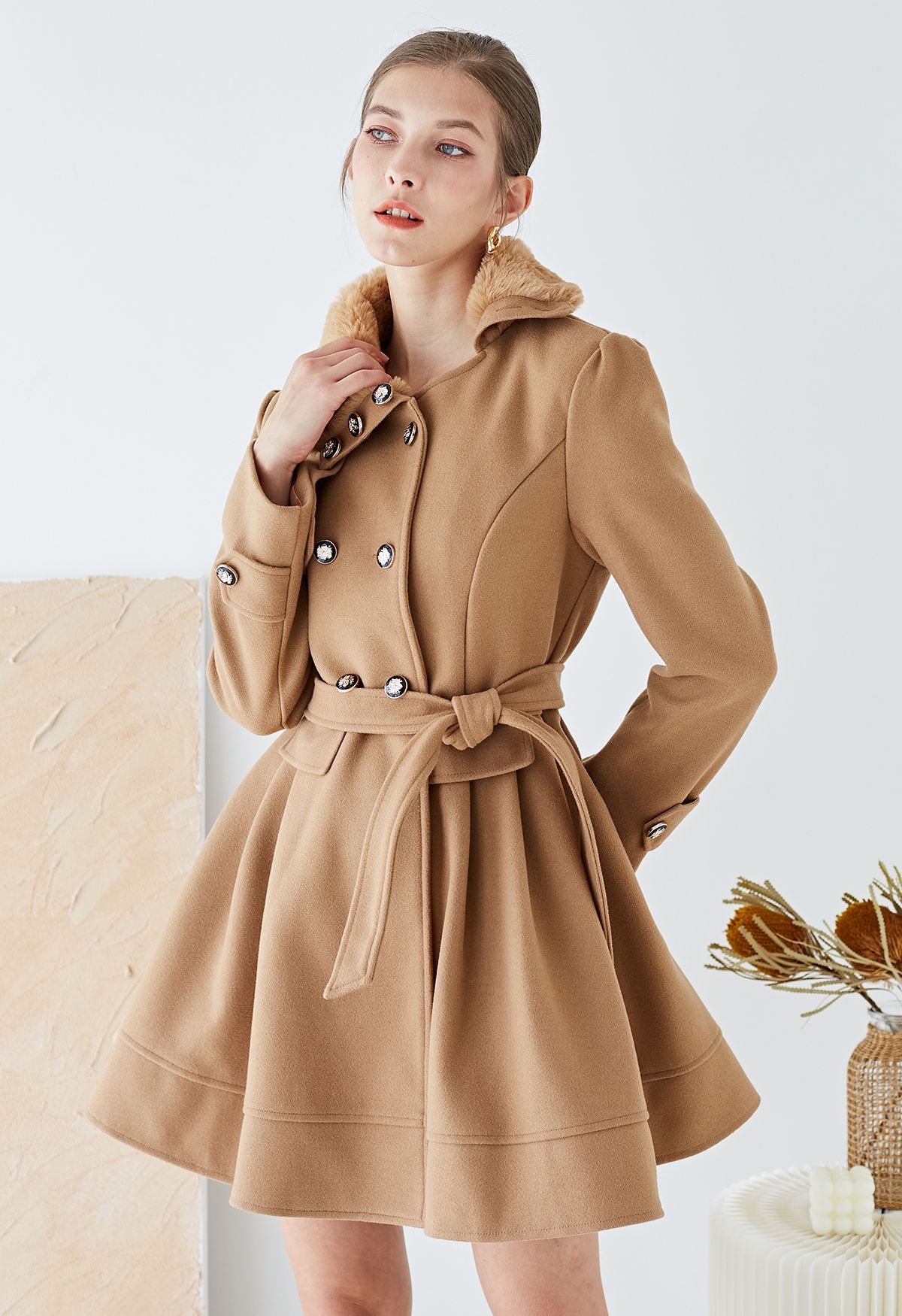 Faux Fur Double-Breasted Skater Coat in Tan - Retro, Indie Unique Fashion