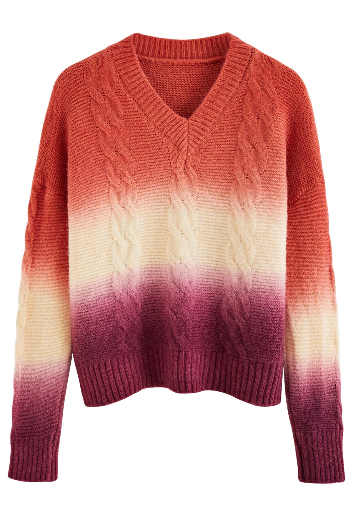 Sunset Ombre V-Neck Cable Knit Sweater
