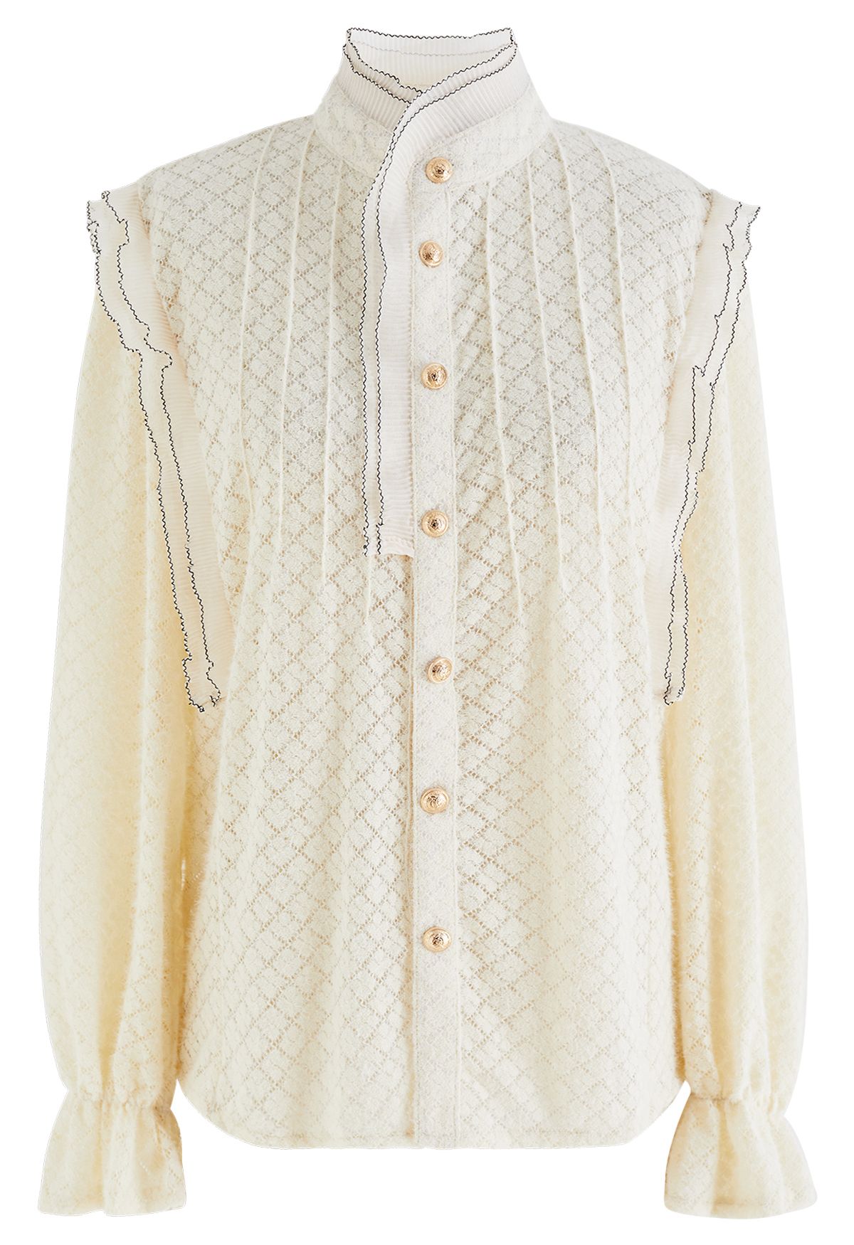 Tiered Mock Neck Buttoned Lace Top