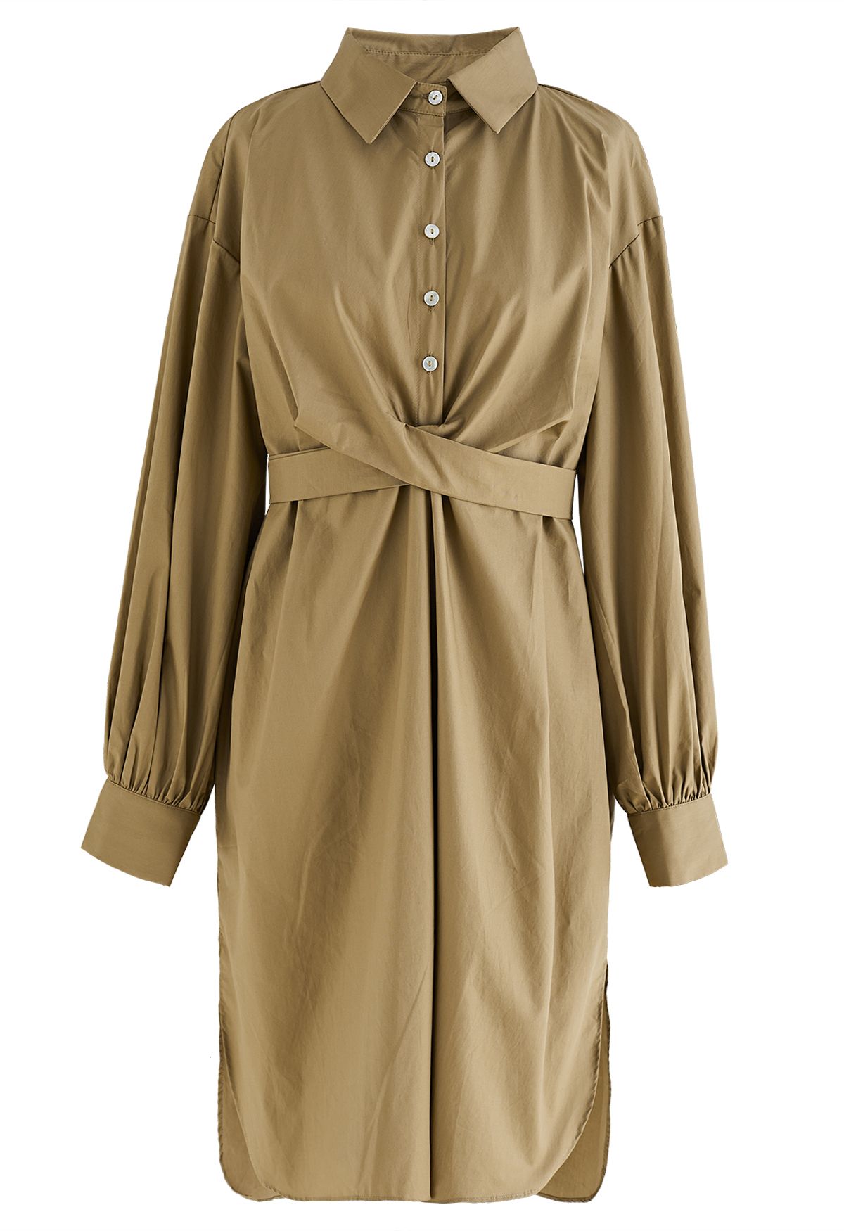 Twisted Waist Buttoned Shirt Dress in Khaki - Retro, Indie and Unique ...