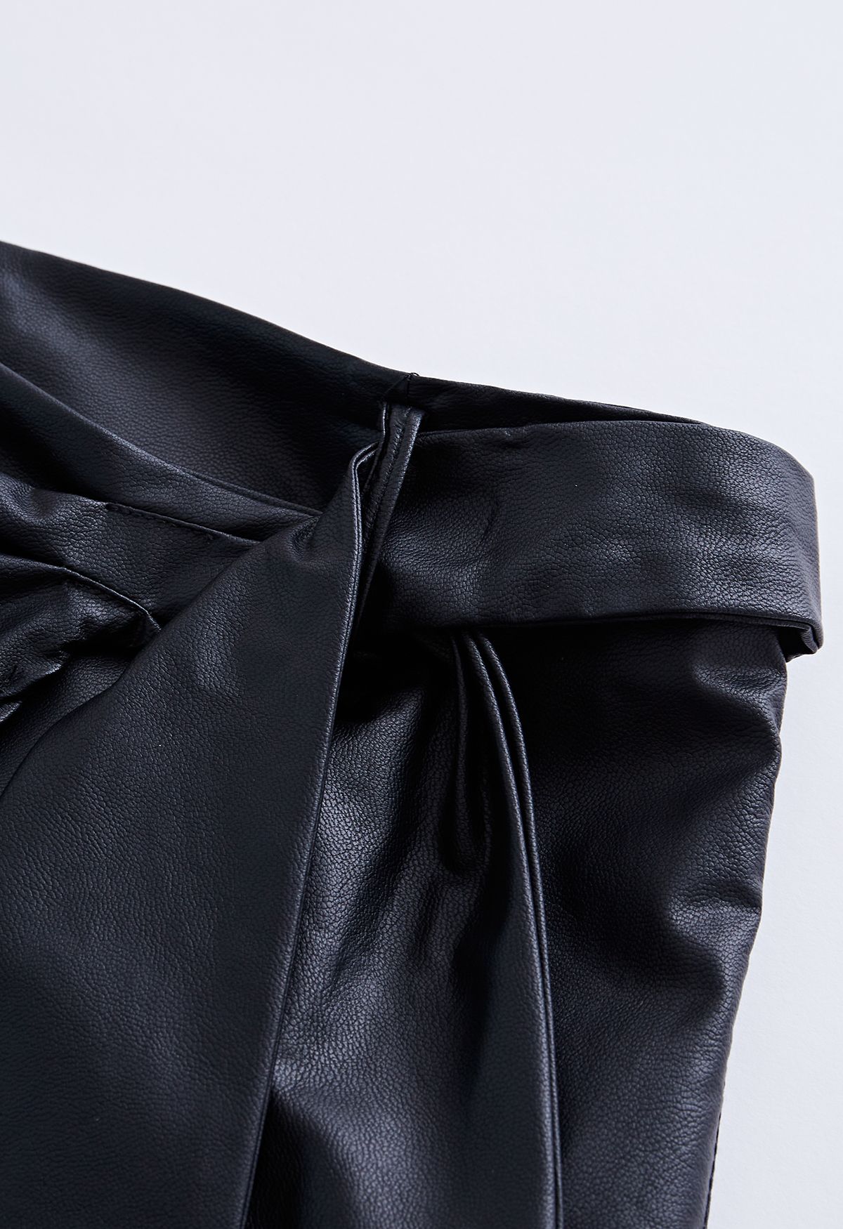 Faux Leather Tie-Waist Flap Midi Skirt in Black