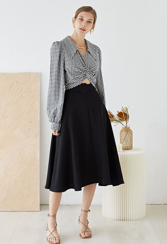 Gingham Twist Front Chiffon Cropped Shirt in Black