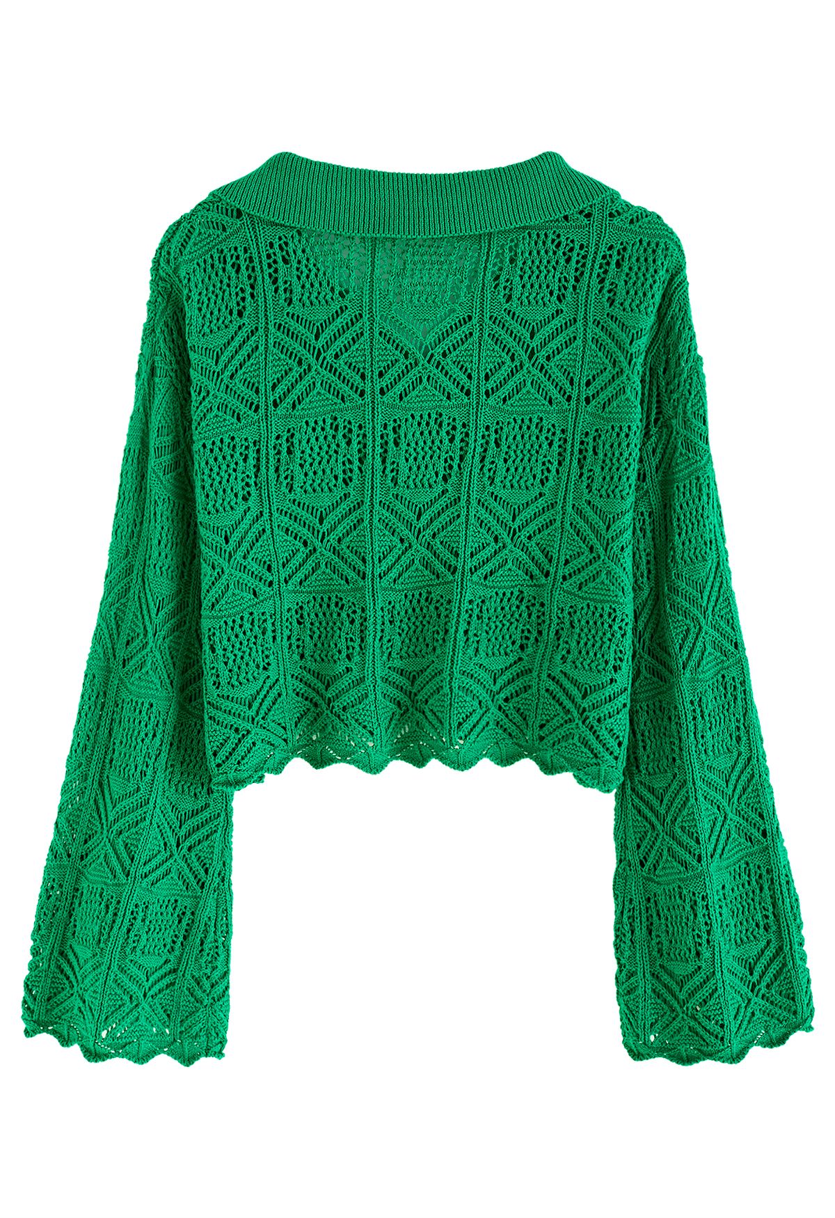 Hollow Out Flare Sleeve Crop Knit Top in Green
