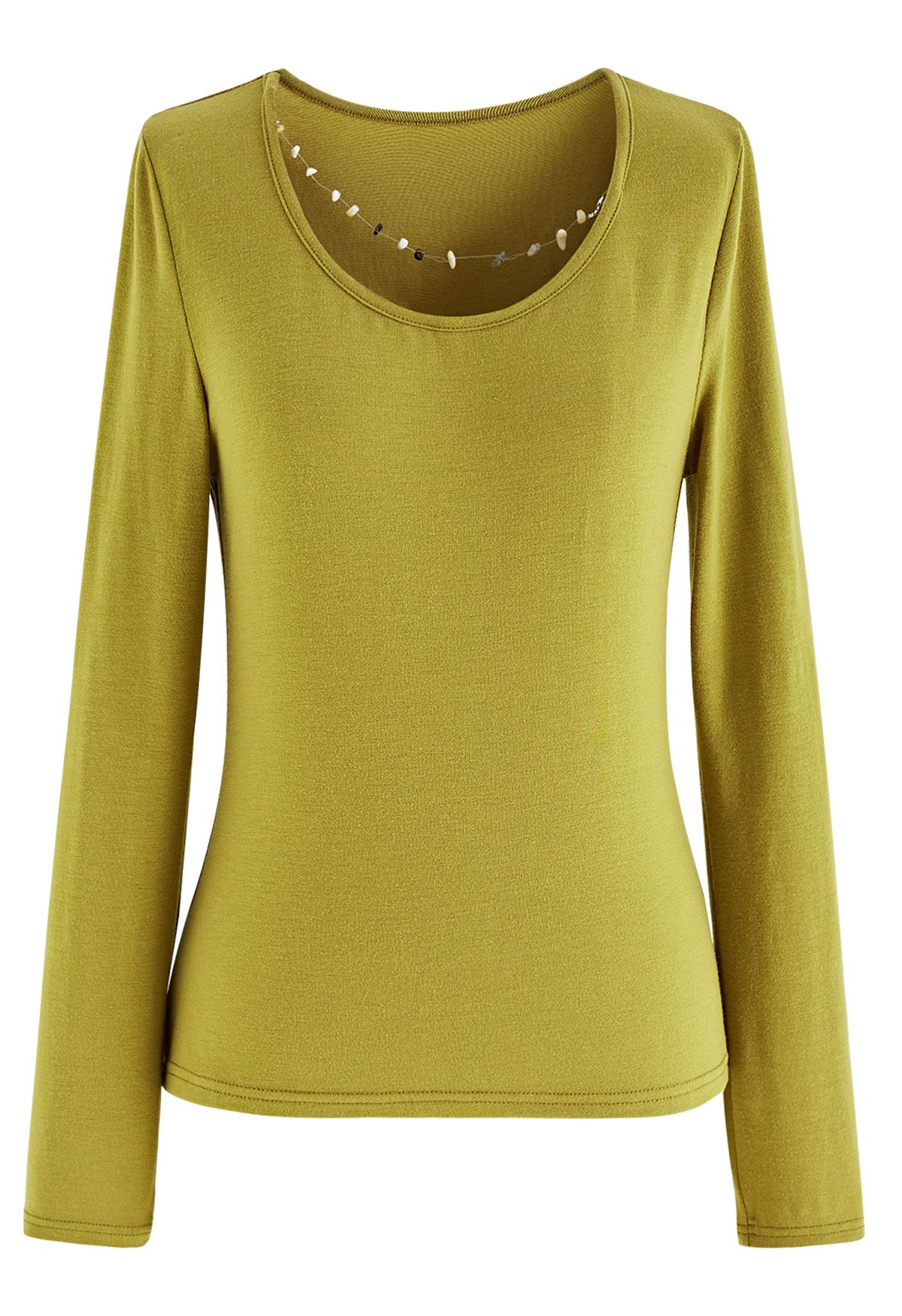 Pebble Necklace Long Sleeve Top in Moss Green
