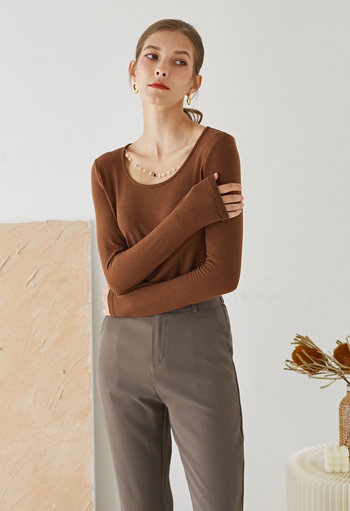 Pebble Necklace Long Sleeve Top in Brown