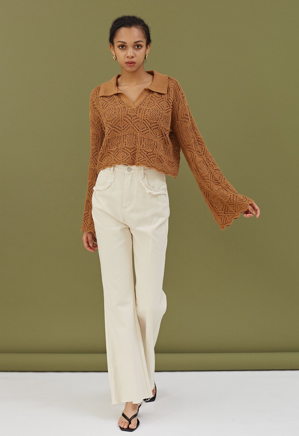 Hollow Out Flare Sleeve Crop Knit Top in Caramel