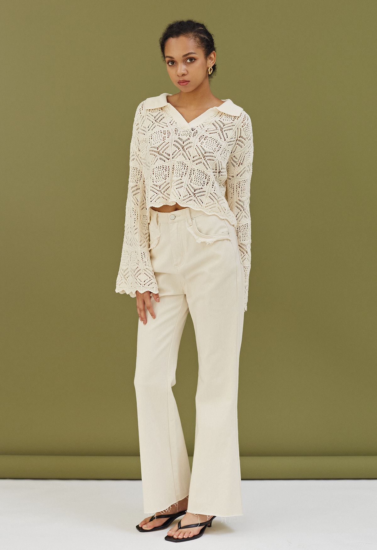 Hollow Out Flare Sleeve Crop Knit Top in Ivory