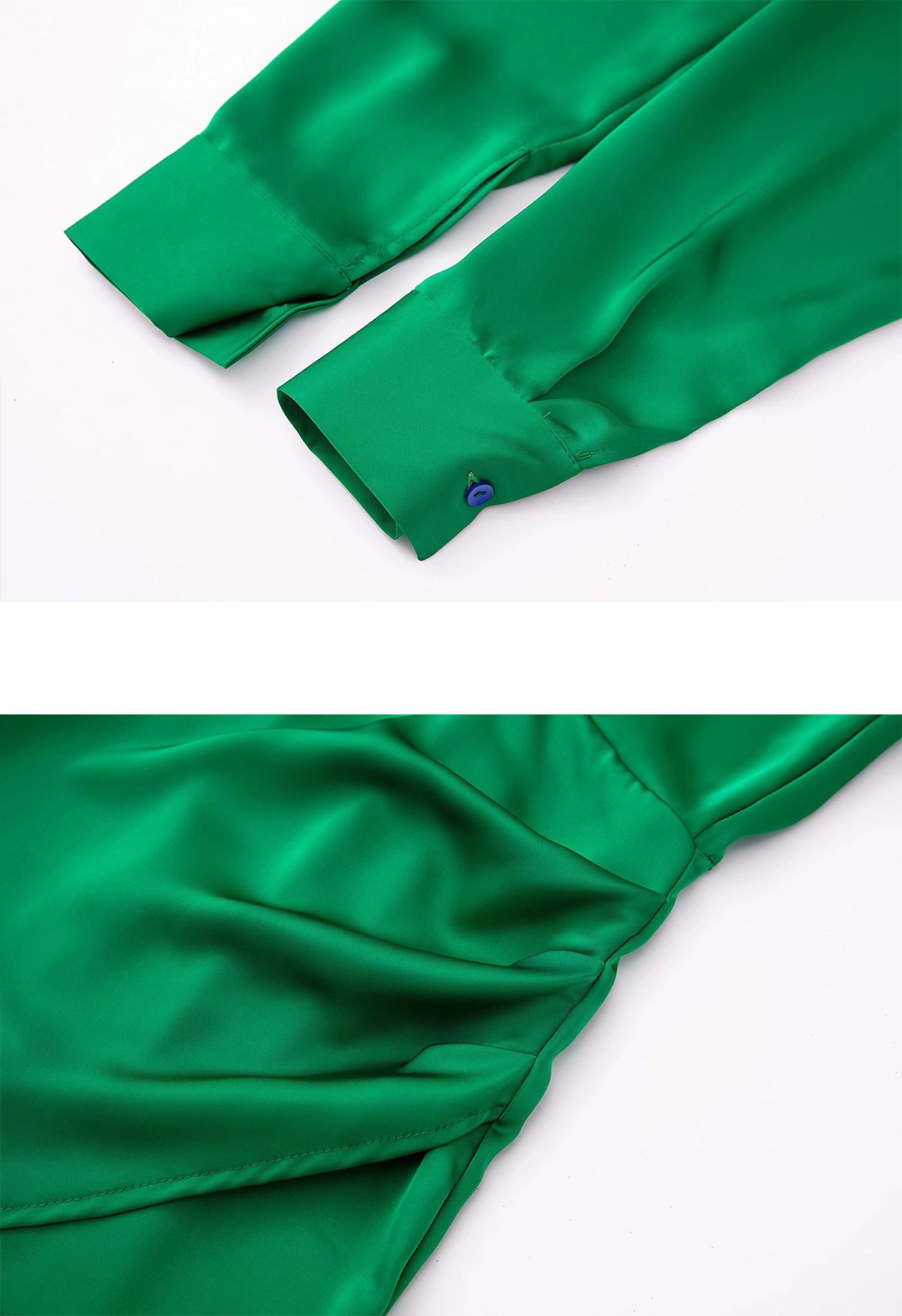 V-Neck Ruched Front Satin Shirt Dress in Green