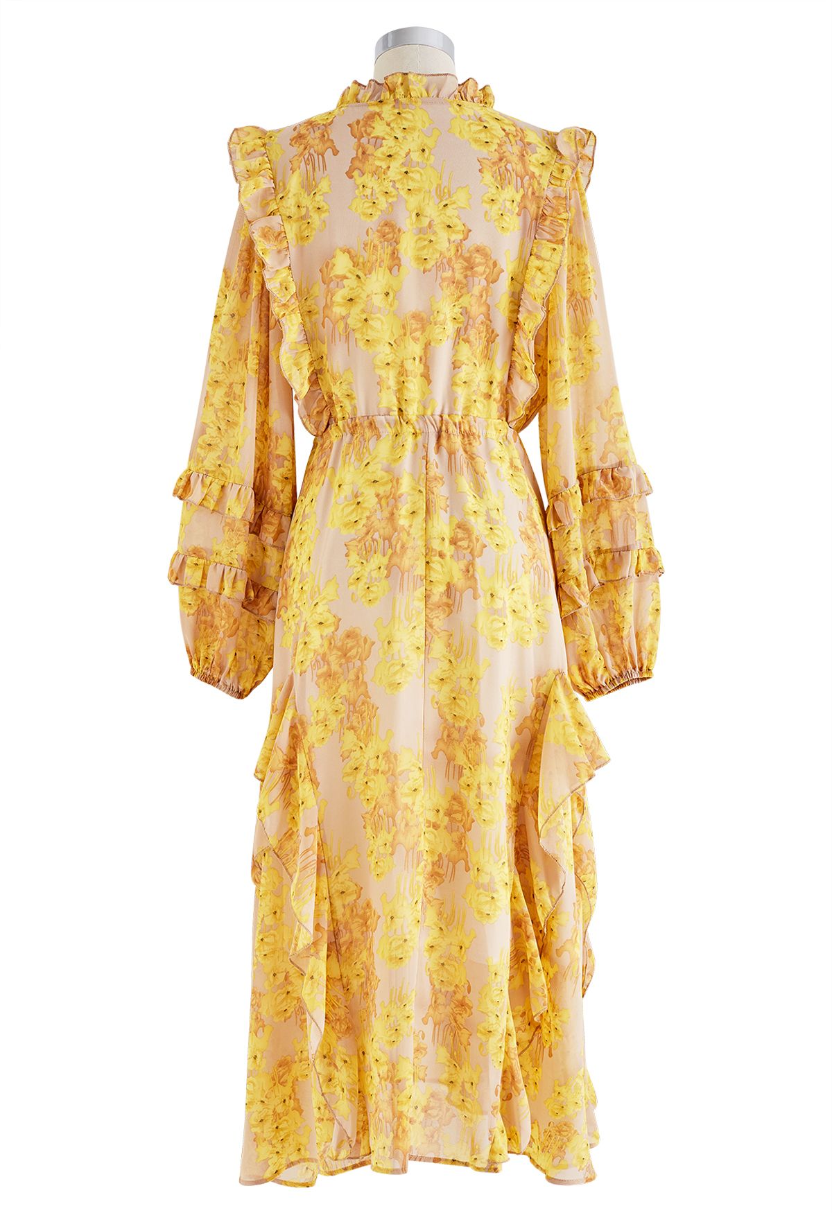 Elegant Floral Ruffle Trim Tie Waist Chiffon Dress in Yellow - Retro ...