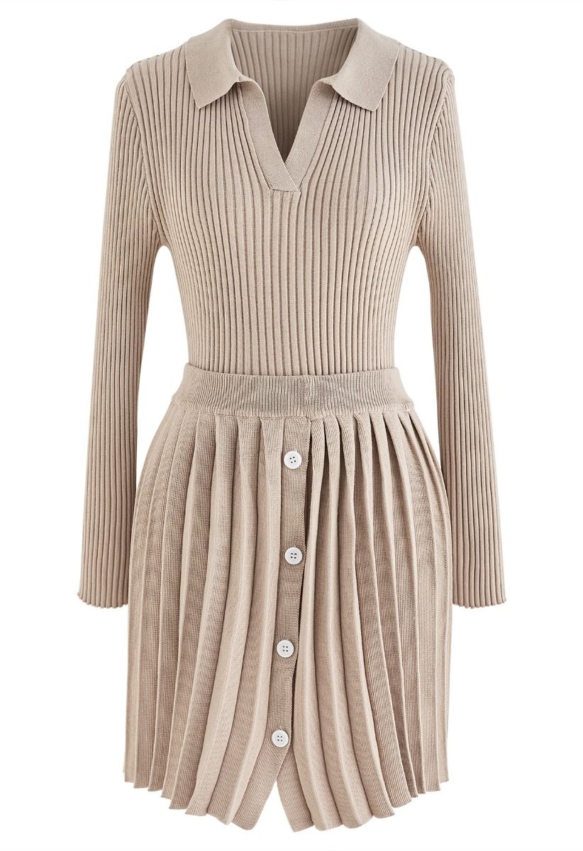 Collared V-Neck Knit Top and Pleated Skirt Set in Oatmeal