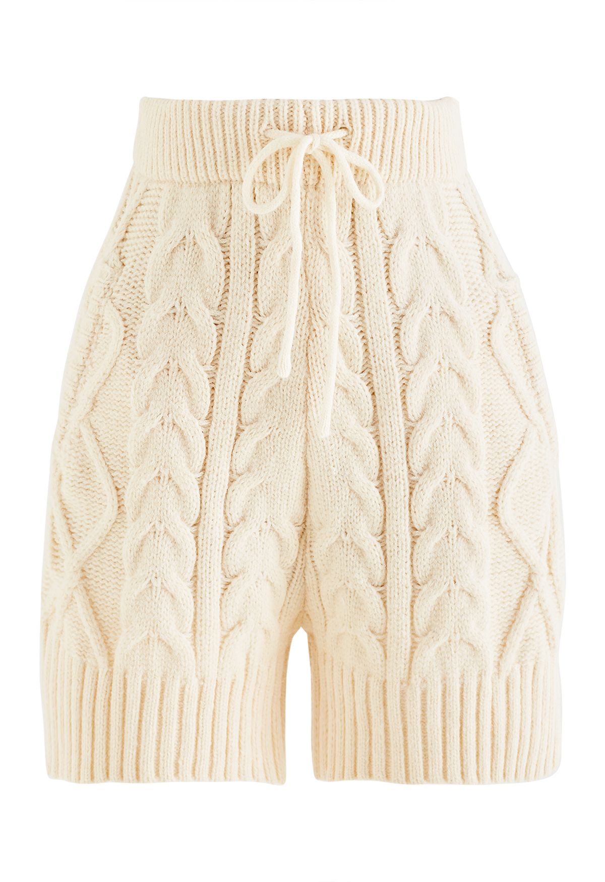 High Neck Braided Knit Sweater and Shorts Set in Cream