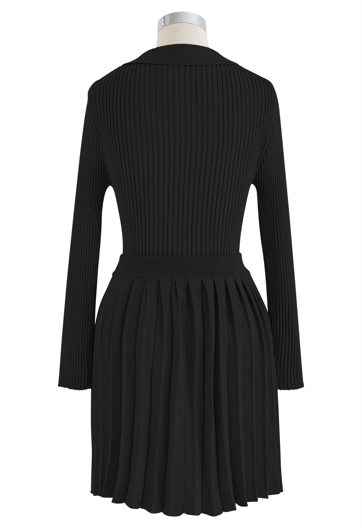 Collared V-Neck Knit Top and Pleated Skirt Set in Black - Retro, Indie ...