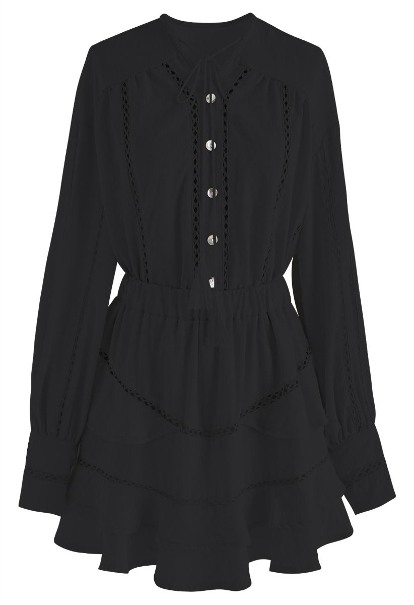 Hollow Out Tassel Shirt and Tiered Mini Skirt Set in Black - Retro ...