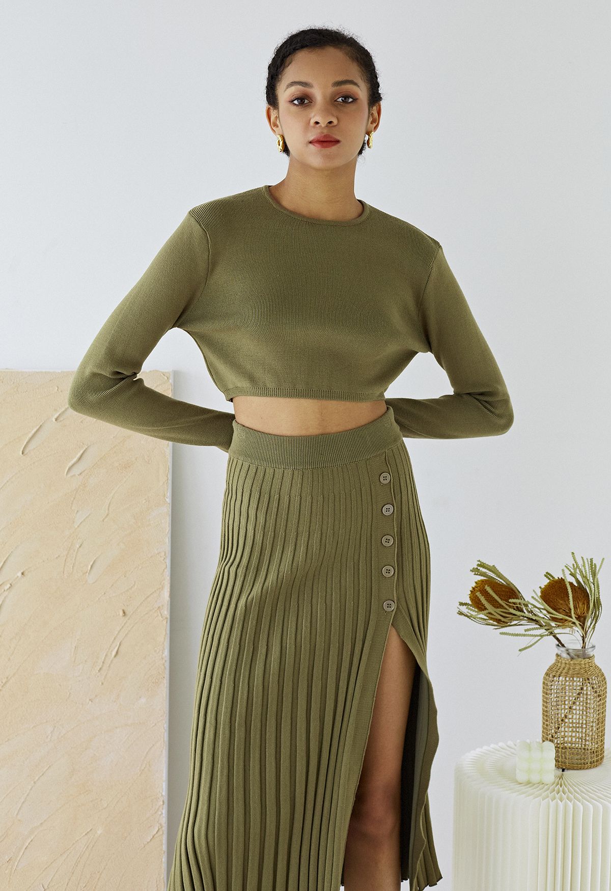 Knitted Crop Top and Buttoned Slit Skirt Set in Olive