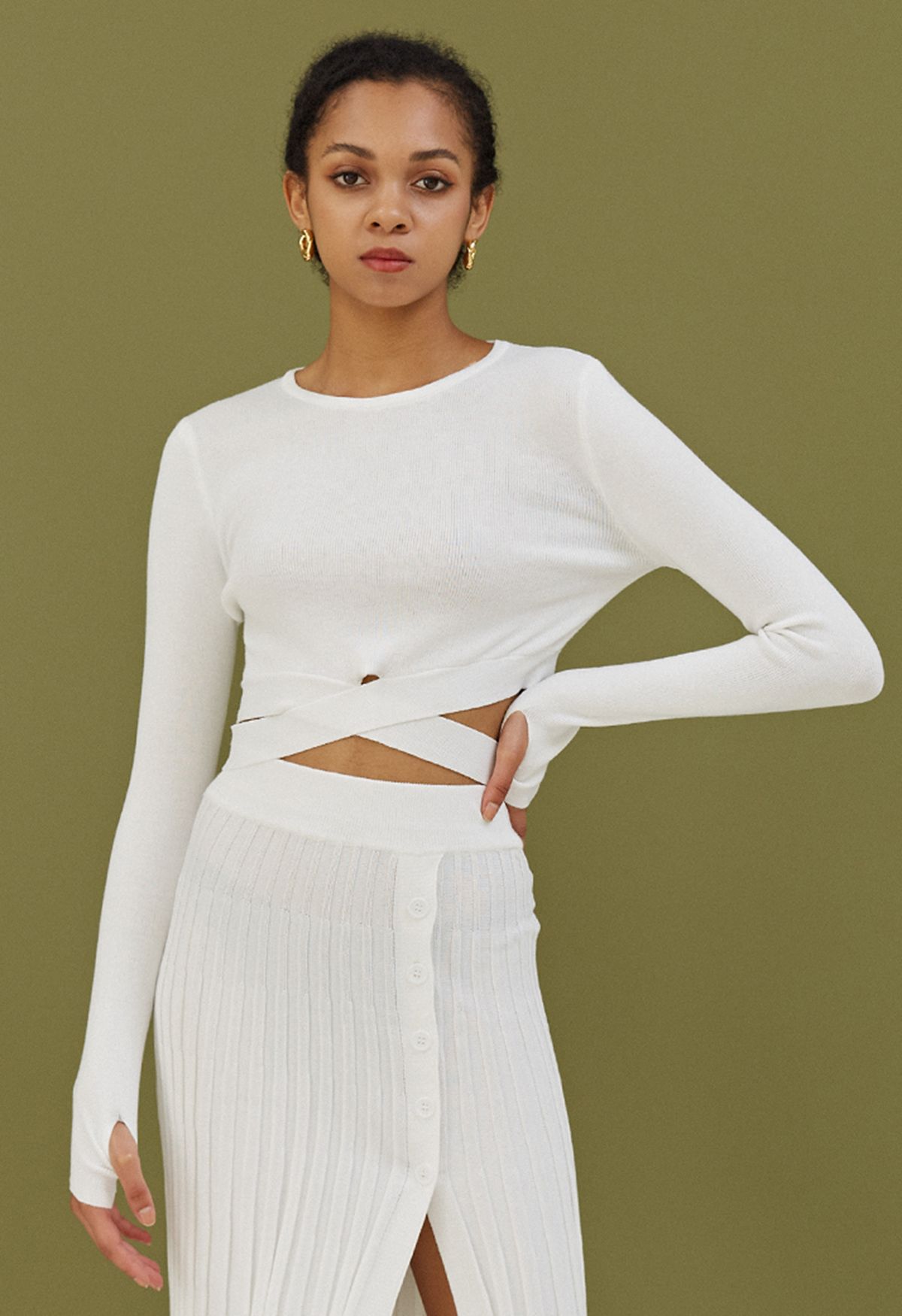 Self-Tie Bowknot Knit Crop Top in White