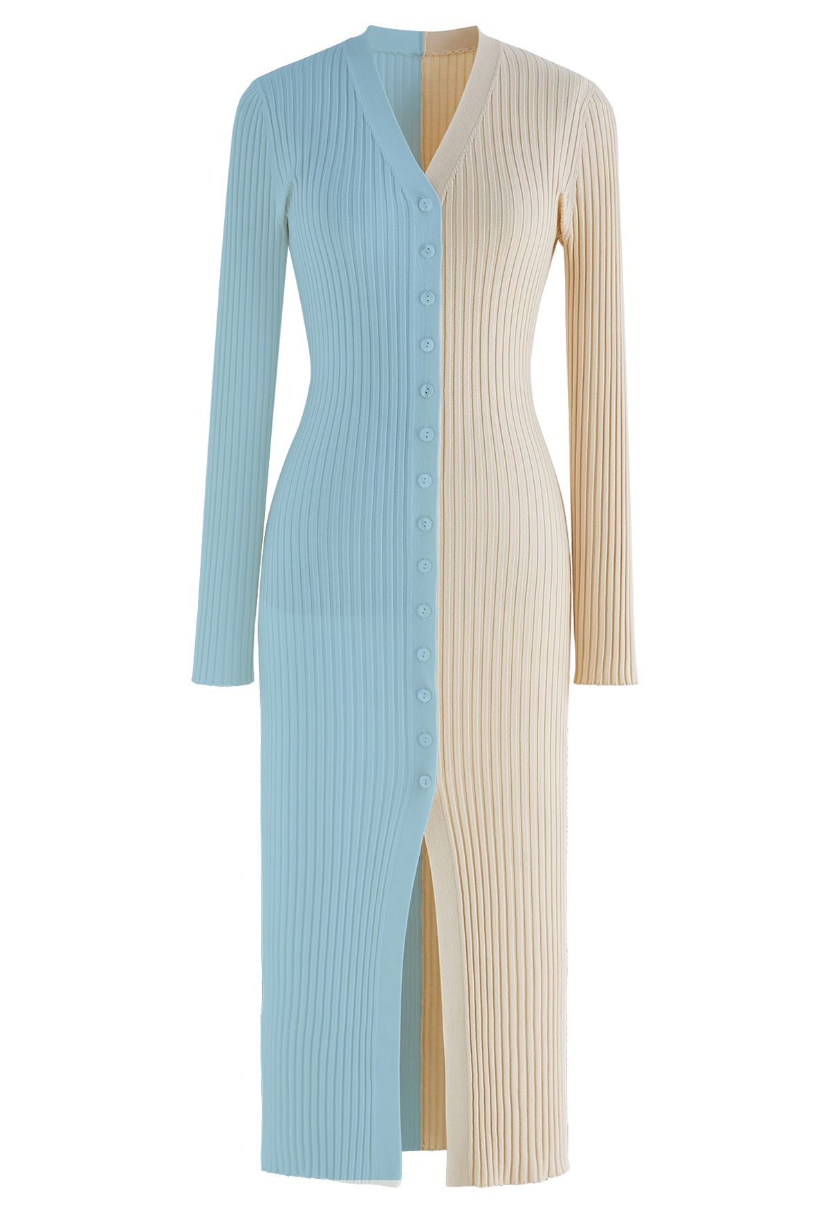 Button Down Two-Tone Spliced Bodycon Knit Dress in Baby Blue