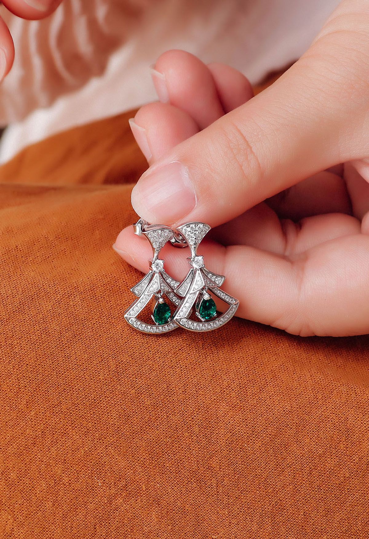Hollow Out Fan Shape Emerald Gem Earrings