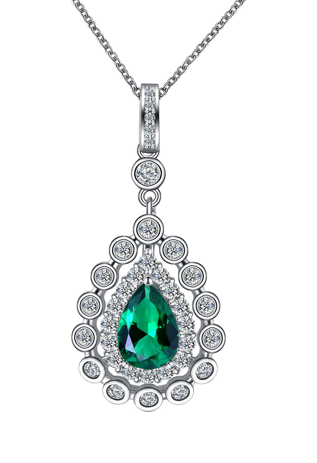 Pear Emerald Gem Diamond Trim Necklace - Retro, Indie and Unique Fashion