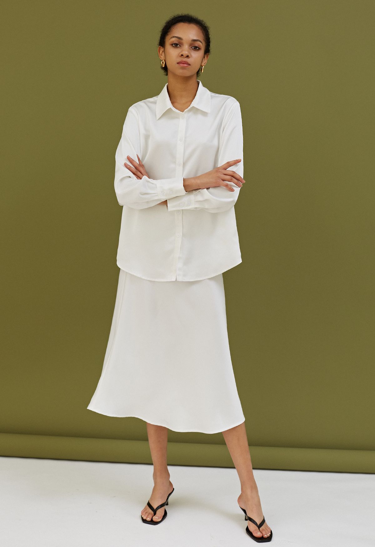 Satin Finish Bias Cut Midi Skirt in White