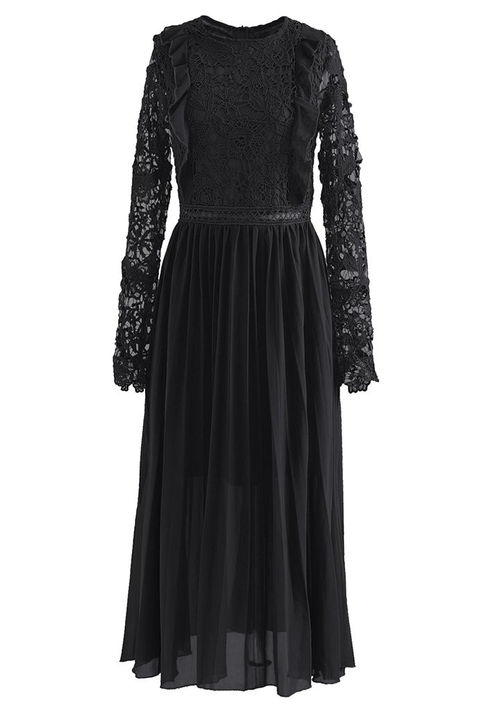 Floral Crochet Chiffon Spliced Pleated Midi Dress in Black
