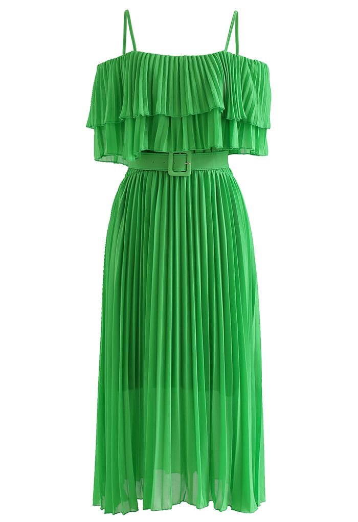 Tiered Cold-Shoulder Pleated Belted Dress in Green - Retro, Indie and ...