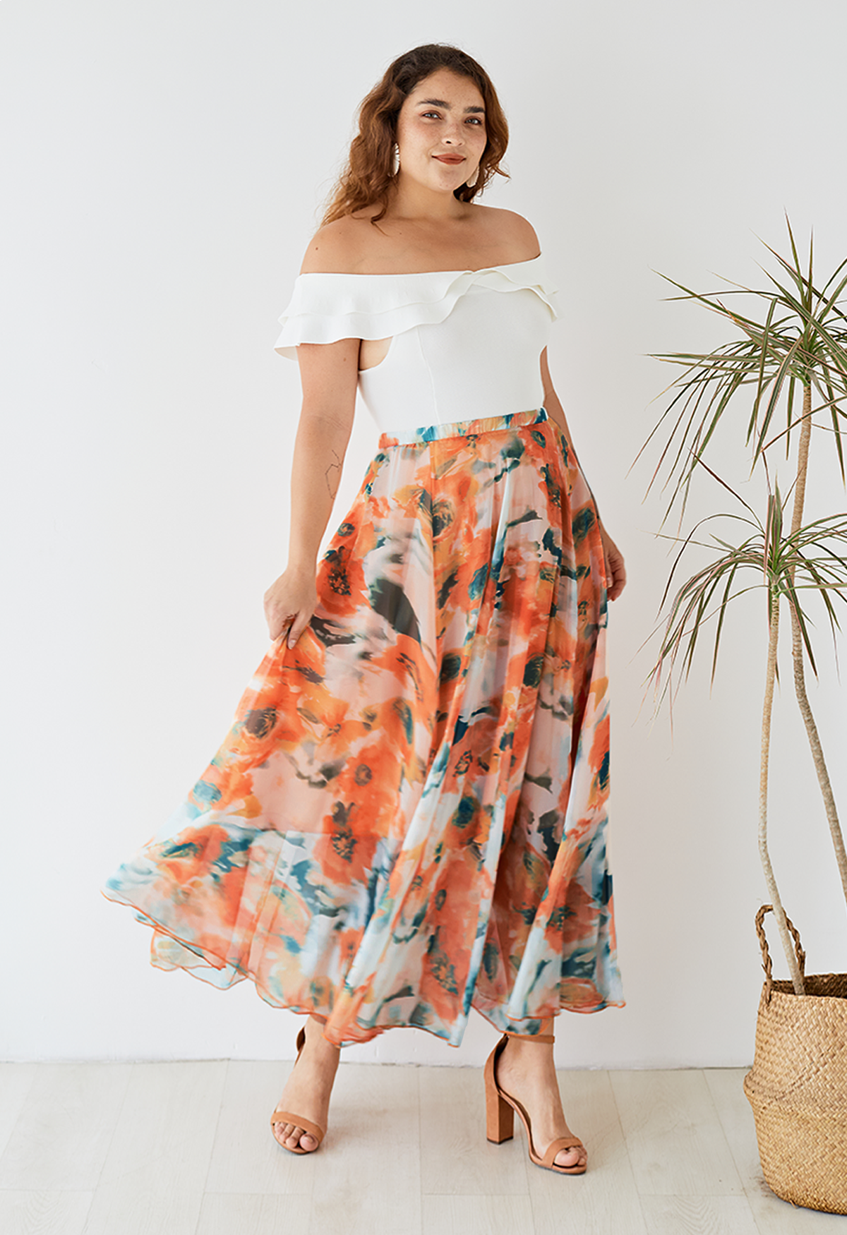 Orange Blossom Watercolor Maxi Skirt