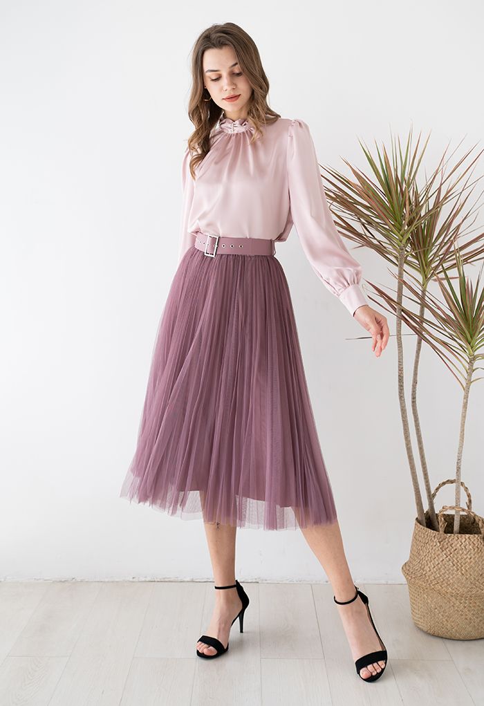 Full Pleated Double-Layered Mesh Midi Skirt in Berry