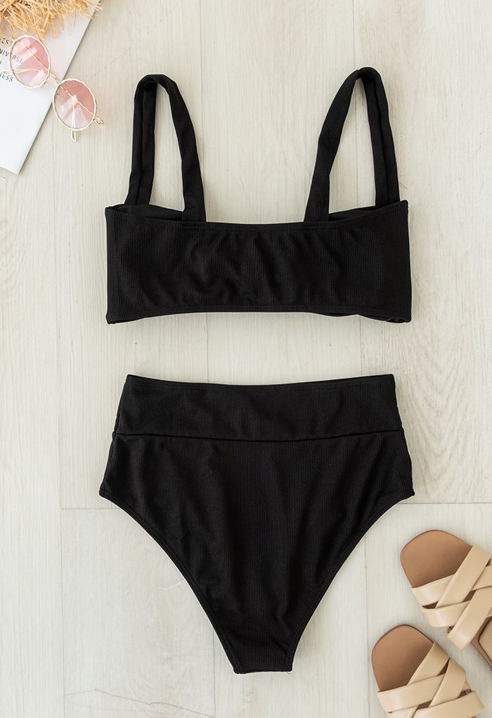 Twisted Knot Front Ribbed Bikini Set in Black