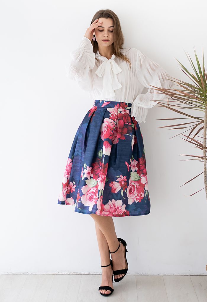 Blushing Peony Pleated Jacquard A-Line Skirt in Navy