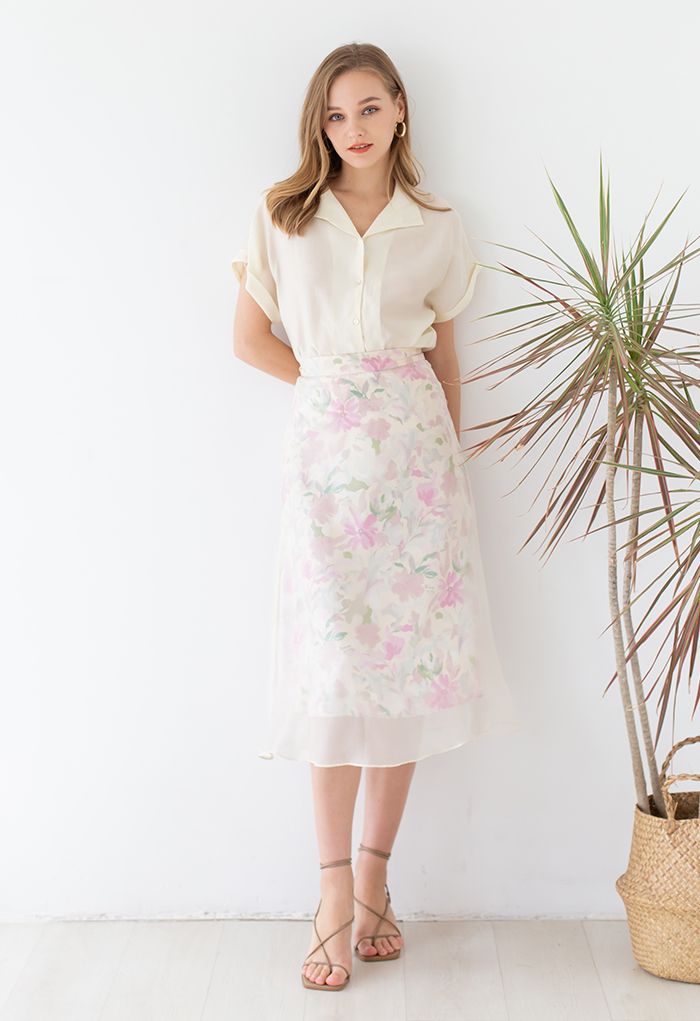 Breezy High Waist Sheer Midi Skirt in Floral