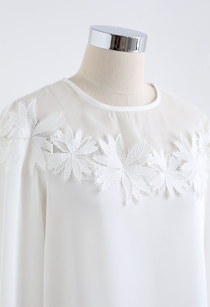 Floral Crochet Spliced Satin Shirt in White