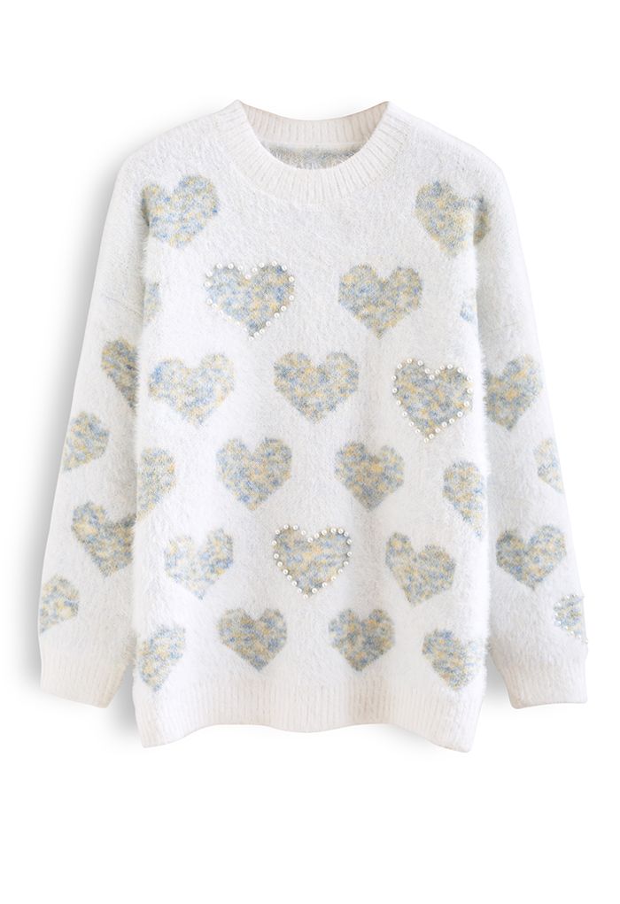 Fuzzy Blue Heart Pearl Trim Knit Sweater