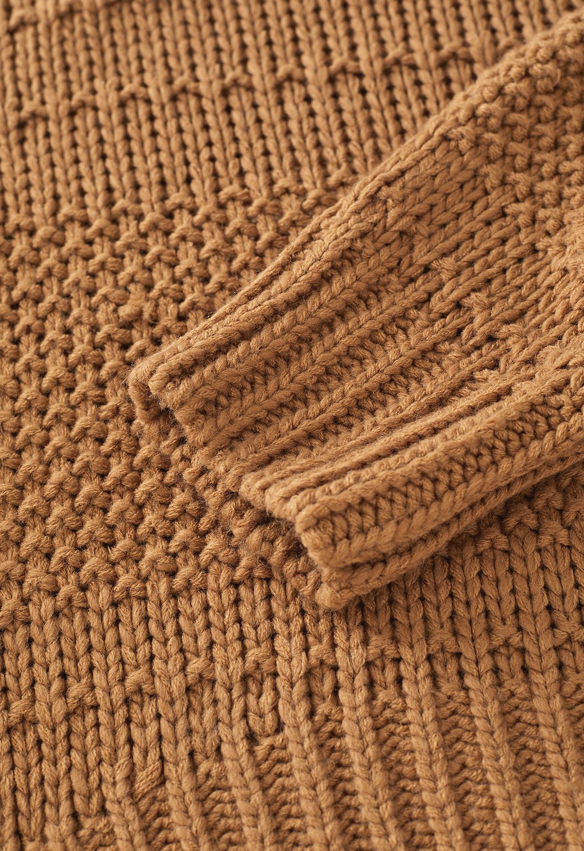 Mock Neck Hi-Lo Chunky Knit Sweater in Caramel - Retro, Indie and