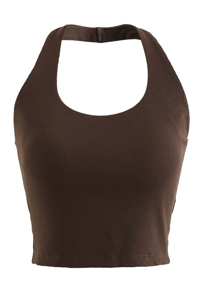 Halter Neck Backless Crop Top in Brown - Retro, Indie and Unique Fashion