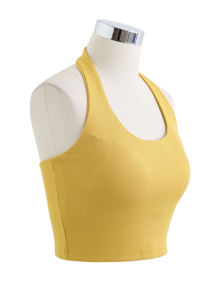 Halter Neck Backless Crop Top in Mustard - Retro, Indie and Unique Fashion