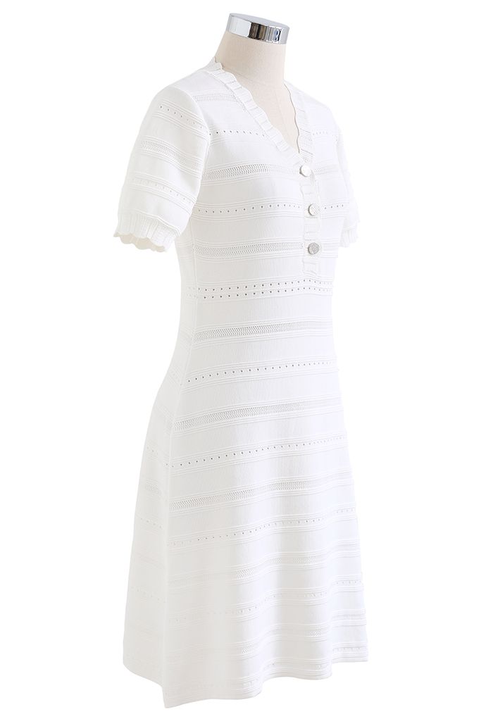 Scalloped V-Neck Eyelet Knit Dress in White