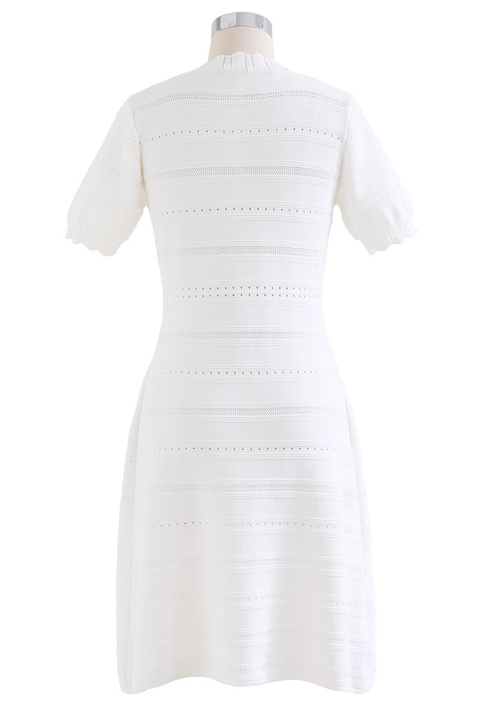 Scalloped V-Neck Eyelet Knit Dress in White