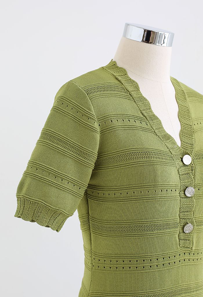 Scalloped V-Neck Eyelet Knit Dress in Moss Green