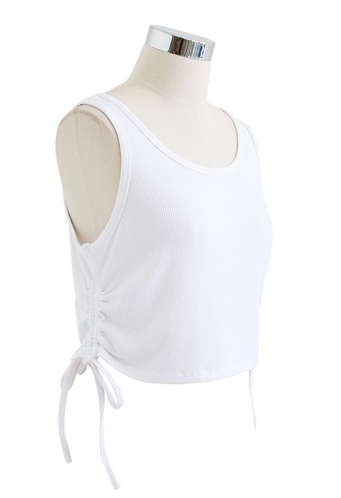 Drawstring Ribbed Cropped Tank Top in White - Retro, Indie and