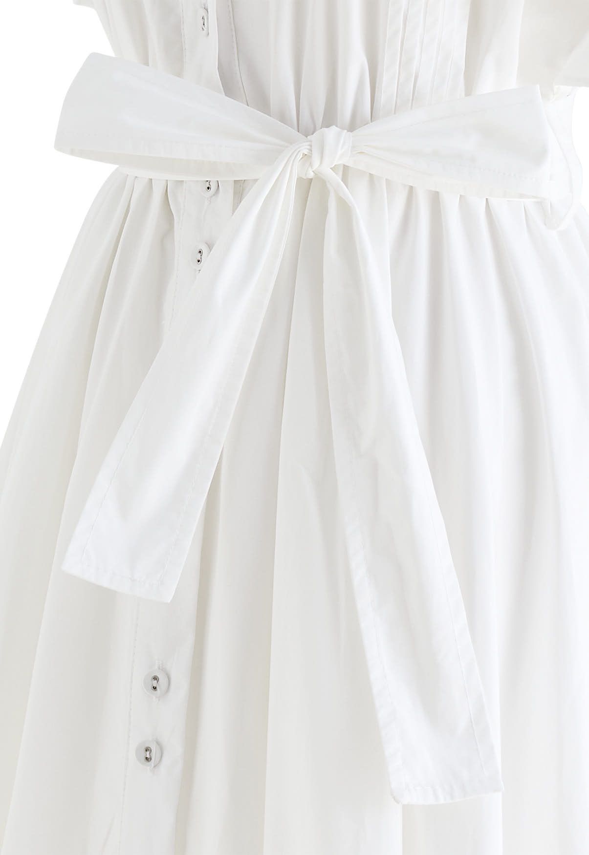 Flutter Sleeve Tie Waist Skater Dress in White