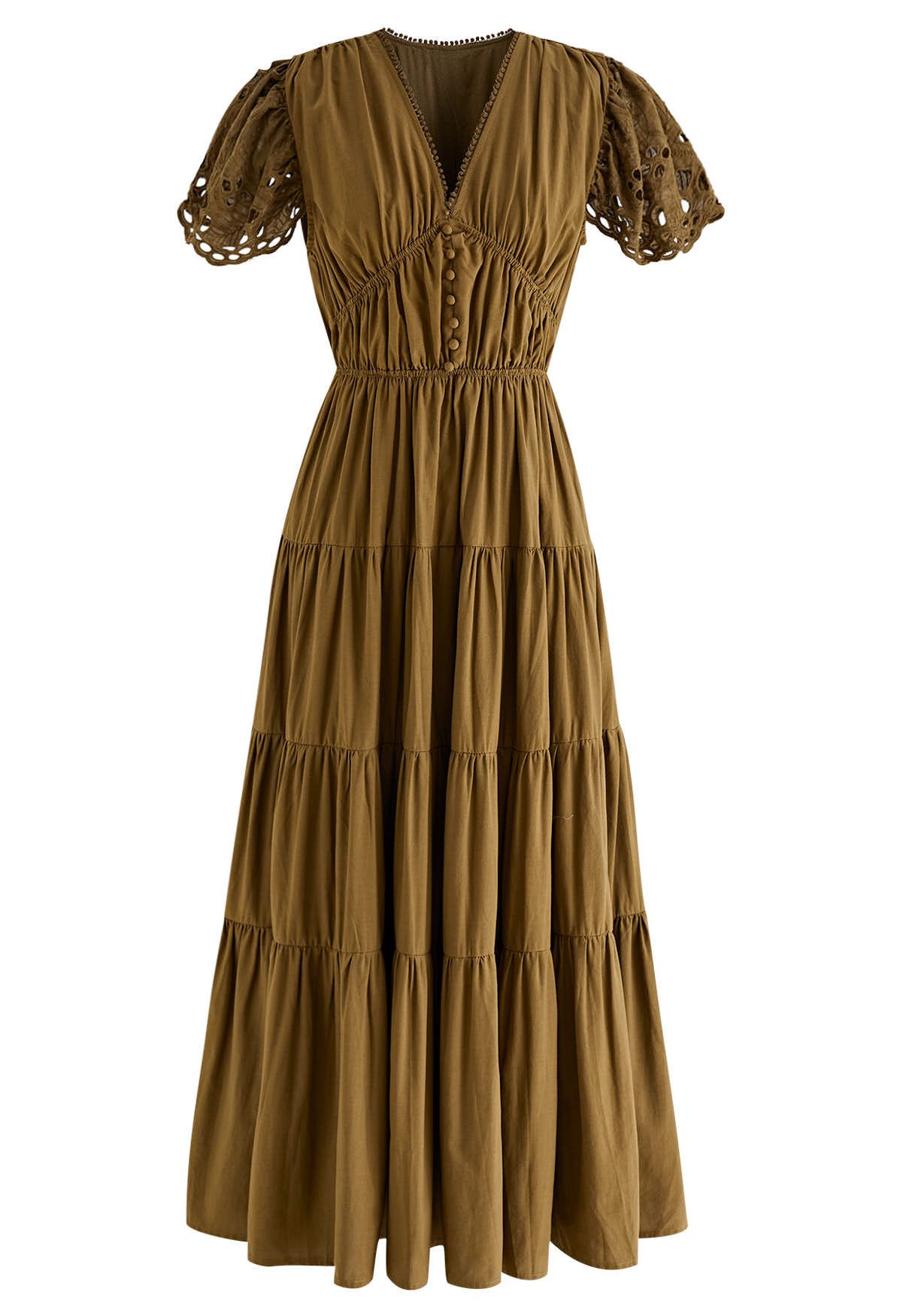 Cutwork Detail V-Neck Cotton Dress in Brown