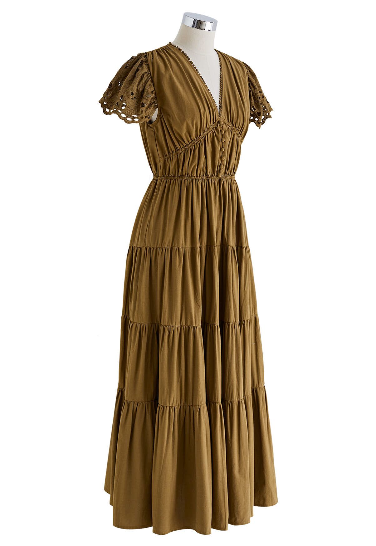Cutwork Detail V-Neck Cotton Dress in Brown