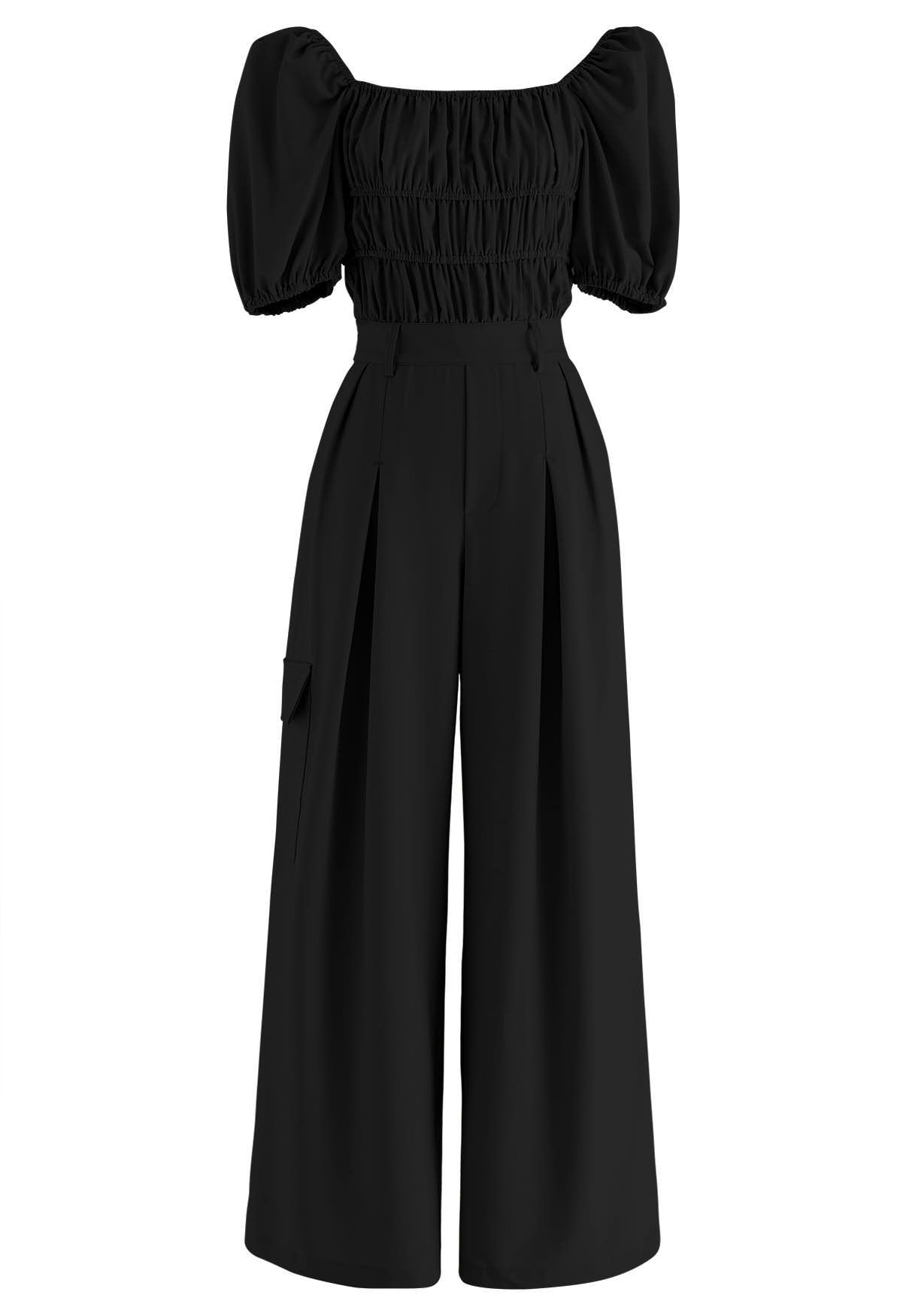 Elastic Ruched Puff Sleeve Wide-Leg Jumpsuit in Black