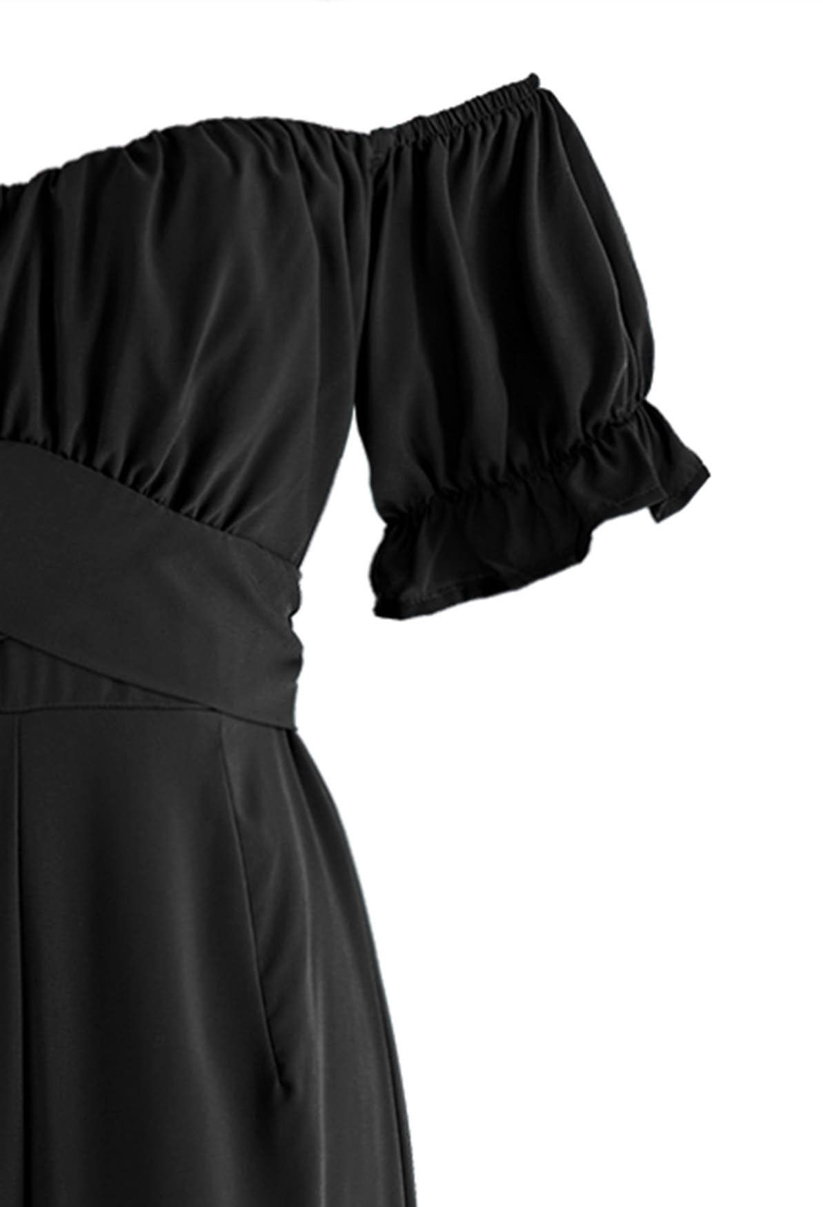 Breezy Off-Shoulder Tie Back Crop Jumpsuit in Black