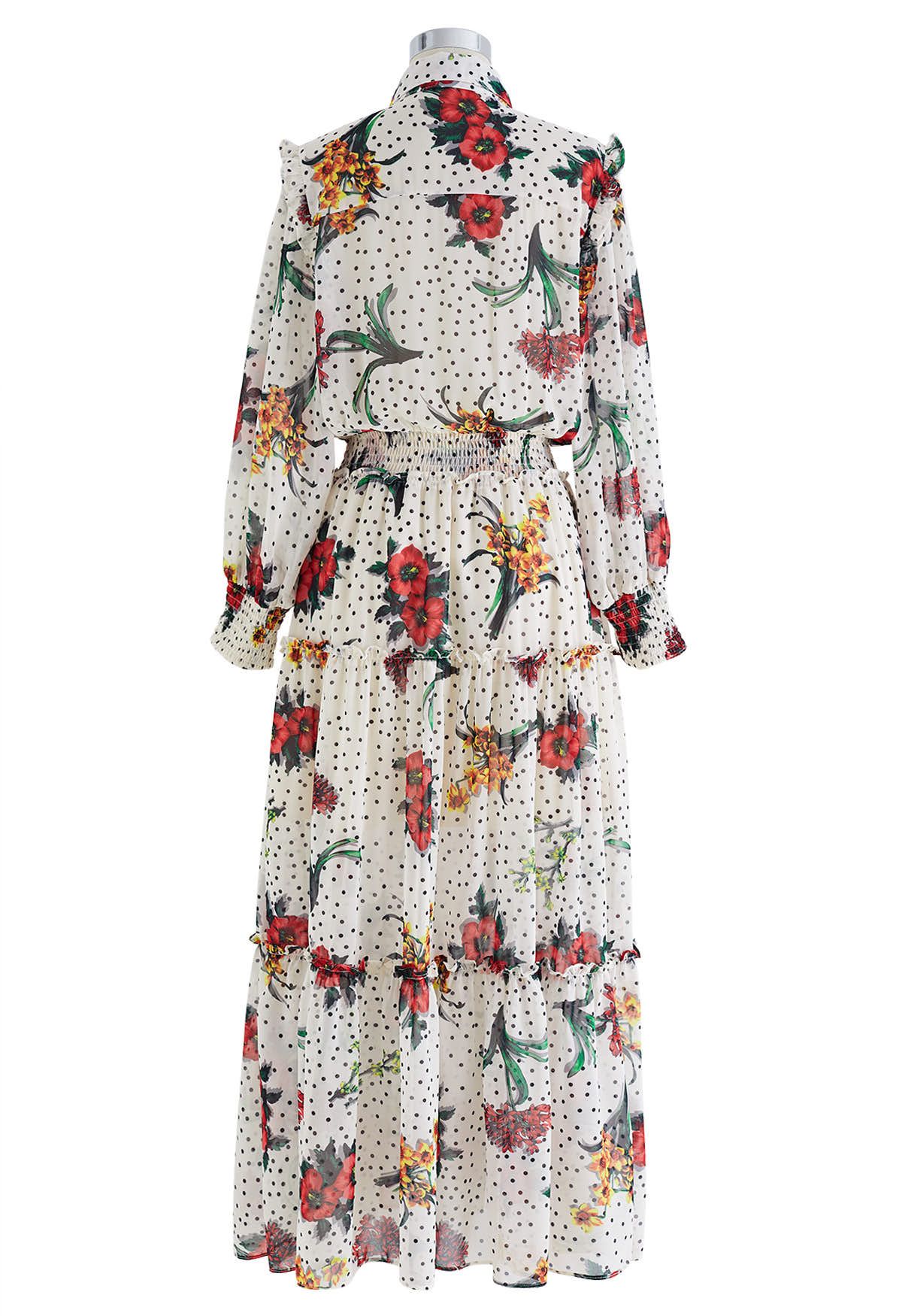 Polka Dot Floral Printed Chiffon Maxi Dress