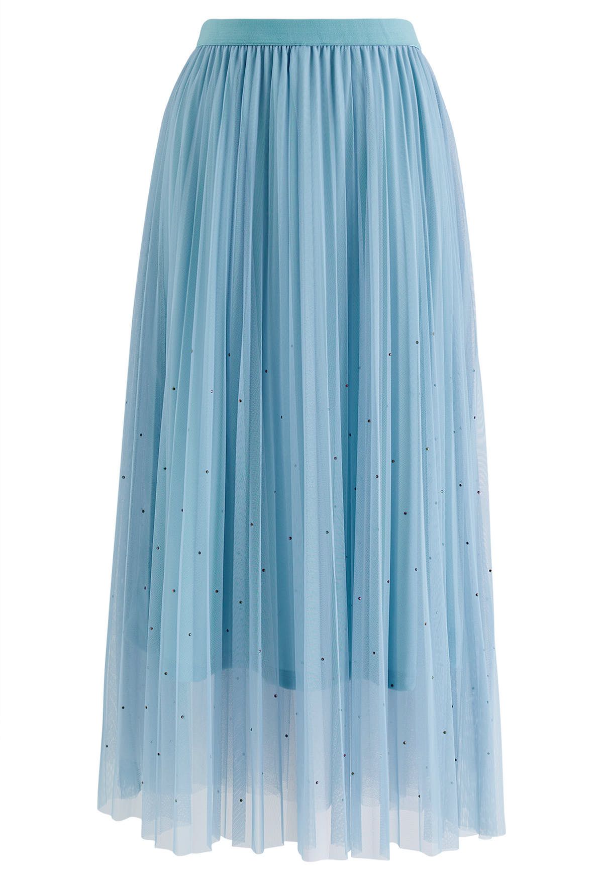 Glitter Embellished Pleated Mesh Tulle Skirt in Light Blue - Retro ...