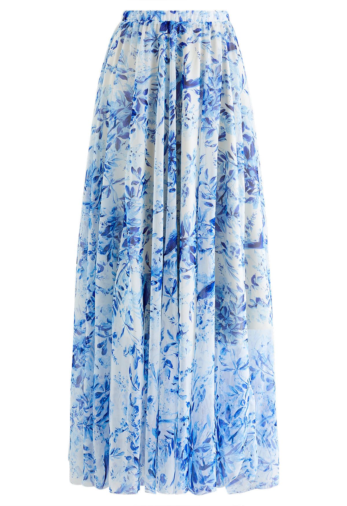 Summer Forest Printed Chiffon Maxi Skirt in Blue - Retro, Indie and ...
